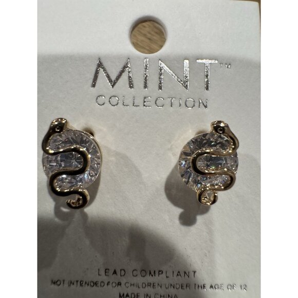 Mint Small CZ Stud with Goldtone Snake Earrings Bling Sparkle Party NEW - Picture 4 of 6